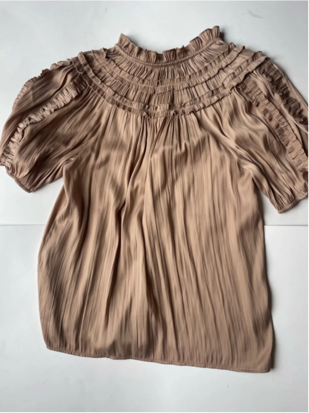 Anthropologie Pleated Ruffle Blouse – Taupe | Size Small